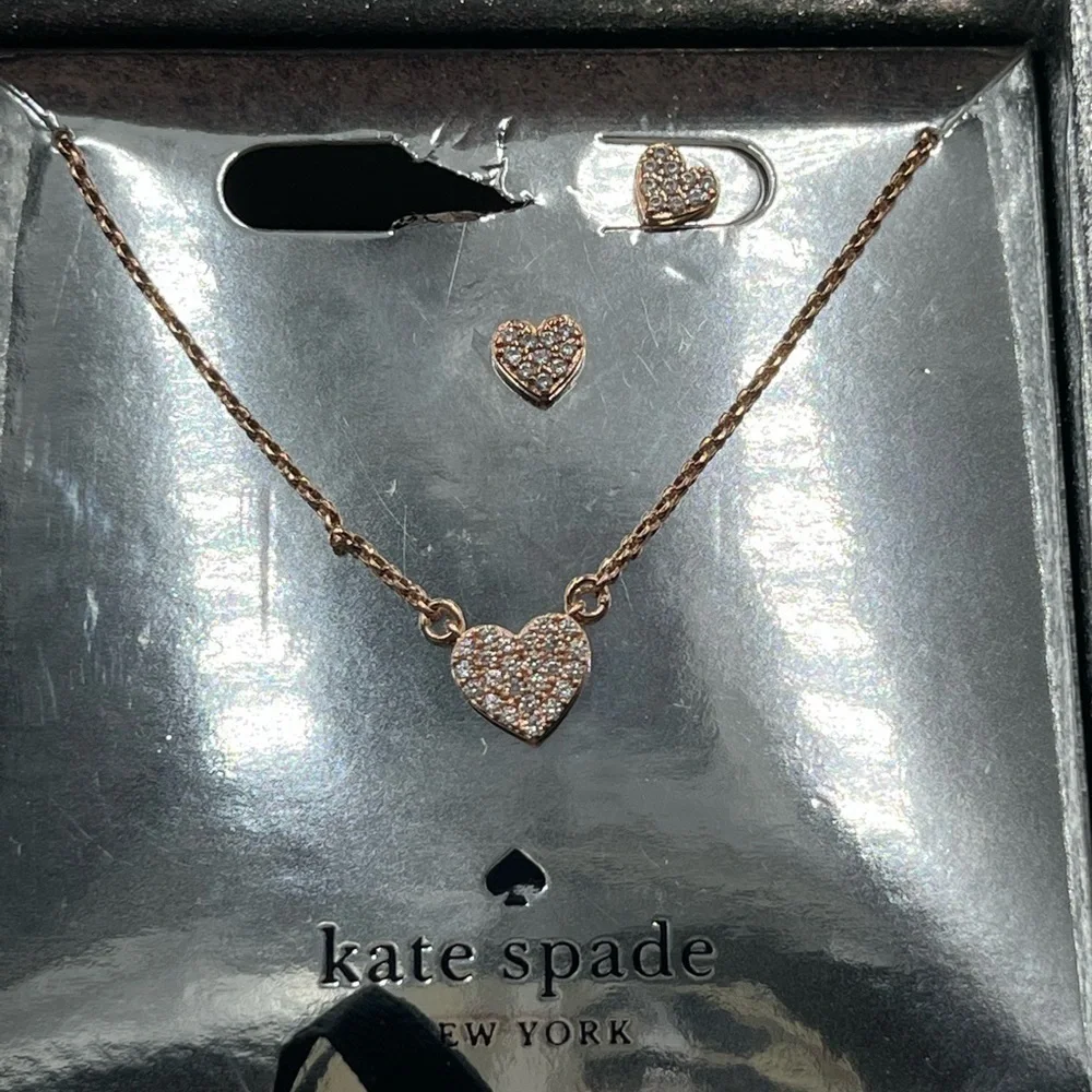 Kate Spade Yours Truly Boxed Rose Gold Dainty Pave‎ Necklace and Earring set New